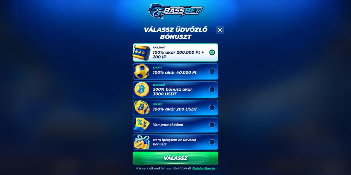 BassBet Casino üdvözlő bónusz kiválasztása regisztráció kaszinó és sport ajánlatok